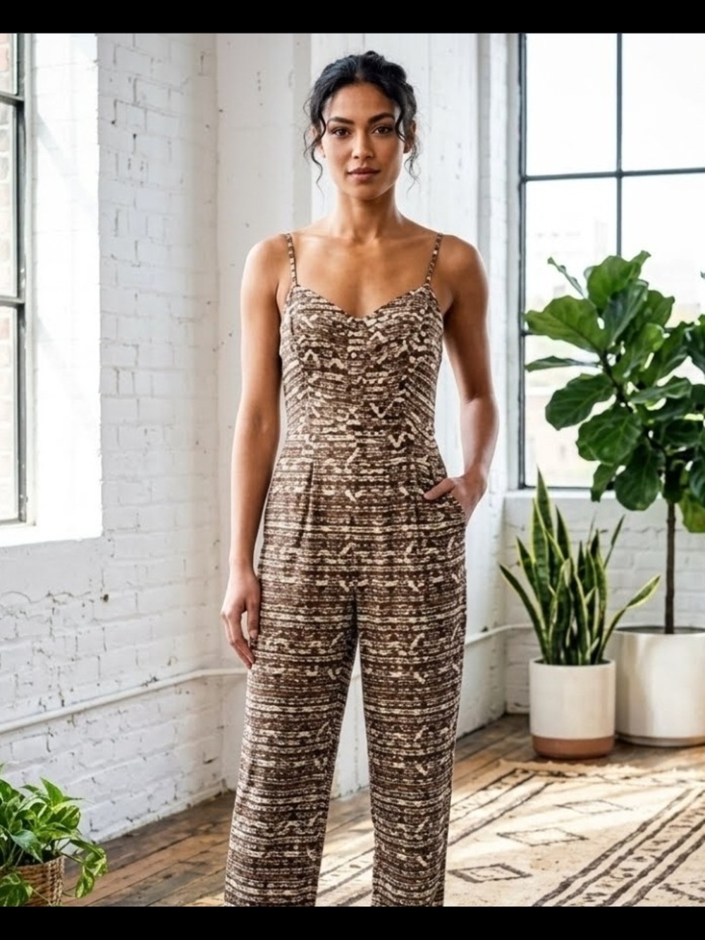 Aeropostale Brown Patterned Spaghetti-Strap Jumpsuit